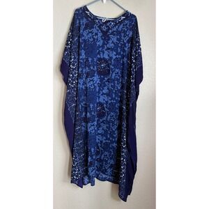 Metropolitan OS Kaftan House Dress MuMu Blue Abstract Batik Print V Neck Maxi
